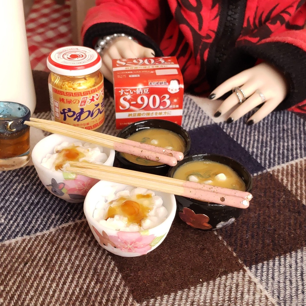 1/3ドールサイズ 🌸 春の朝ごはん(ごはん・お味噌汁・お箸)セット★ごはん2種類/ザ・和風な朝ごはんを是非どうぞ🍚✨