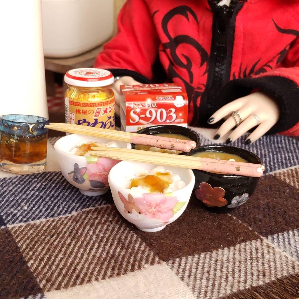 1/3ドールサイズ 🌸 春の朝ごはん(ごはん・お味噌汁・お箸)セット★ごはん2種類/ザ・和風な朝ごはんを是非どうぞ🍚✨