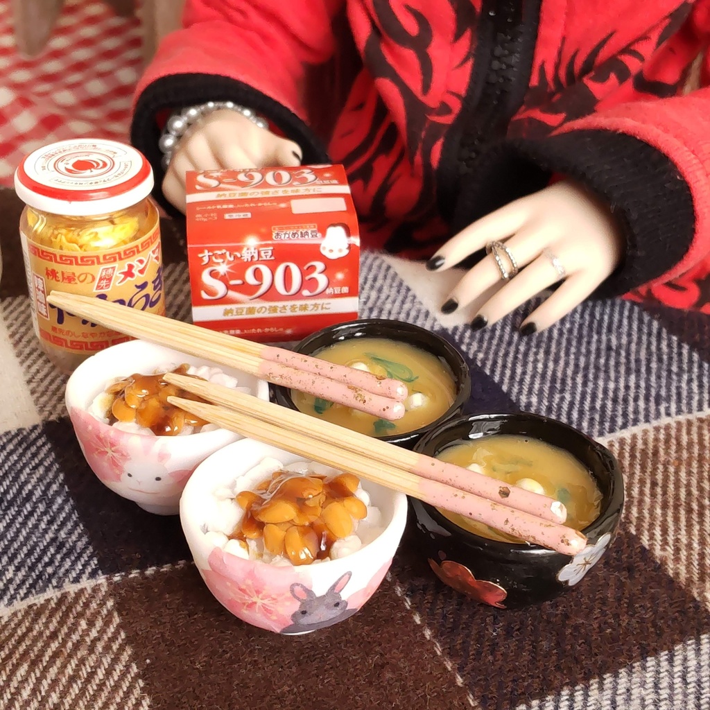 1/3ドールサイズ 🌸 春の朝ごはん(ごはん・お味噌汁・お箸)セット★ごはん2種類/ザ・和風な朝ごはんを是非どうぞ🍚✨