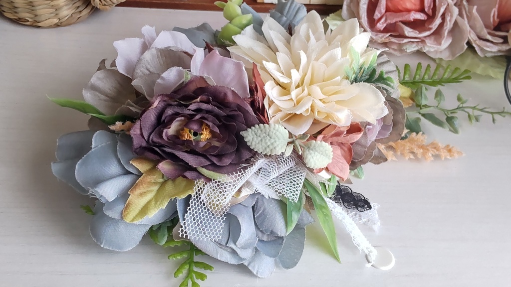 オーナーサイズ【バレッタ】落ち着いた色合いのコサージュ風ヘッドドレス/浴衣や着物にも合います🎵