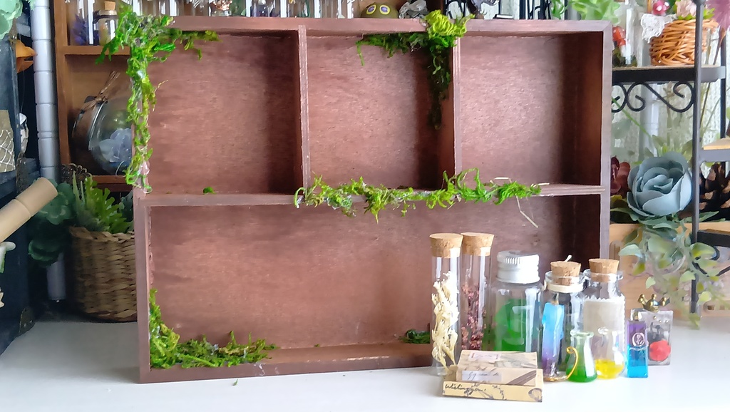 ドールサイズ★木箱で作った魔法棚と小瓶のセット✨ドールのお部屋に素敵な棚はいかがですか♪