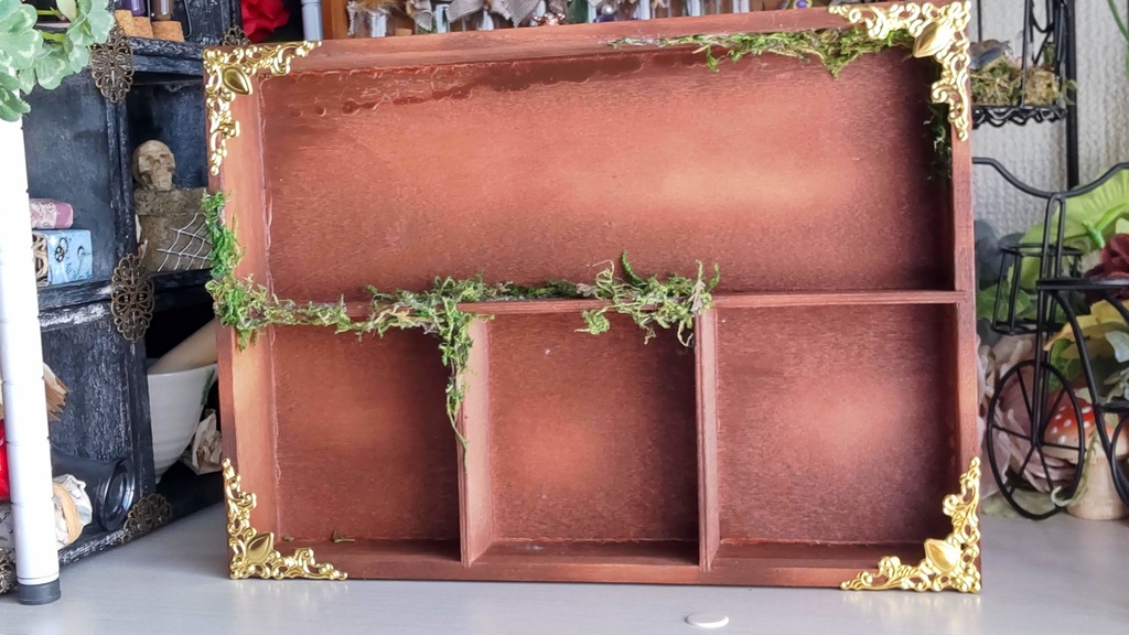 ドールサイズ★木箱で作った魔法棚(横型)と小瓶のセット✨ドールのお部屋に素敵な棚はいかがですか♪