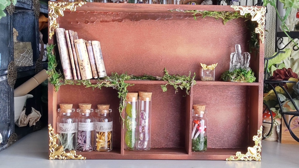 ドールサイズ★木箱で作った魔法棚(横型)と小瓶のセット✨ドールのお部屋に素敵な棚はいかがですか♪