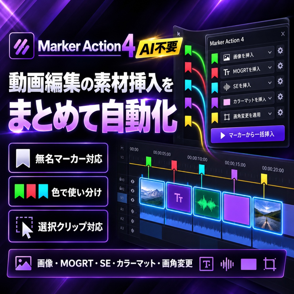 【AI不要】Premiere Pro用 素材一括挿入エクステンション 「マーカーアクション4」