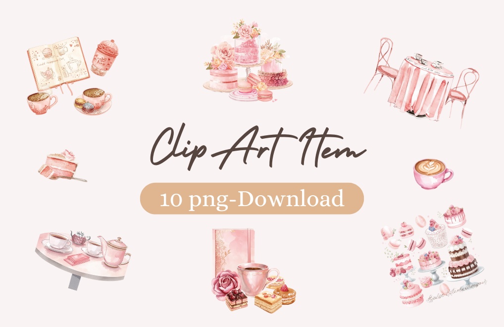 水彩ピンクのレトロカフェ素材集｜オシャレなカフェ巡りクリップアート10点セット