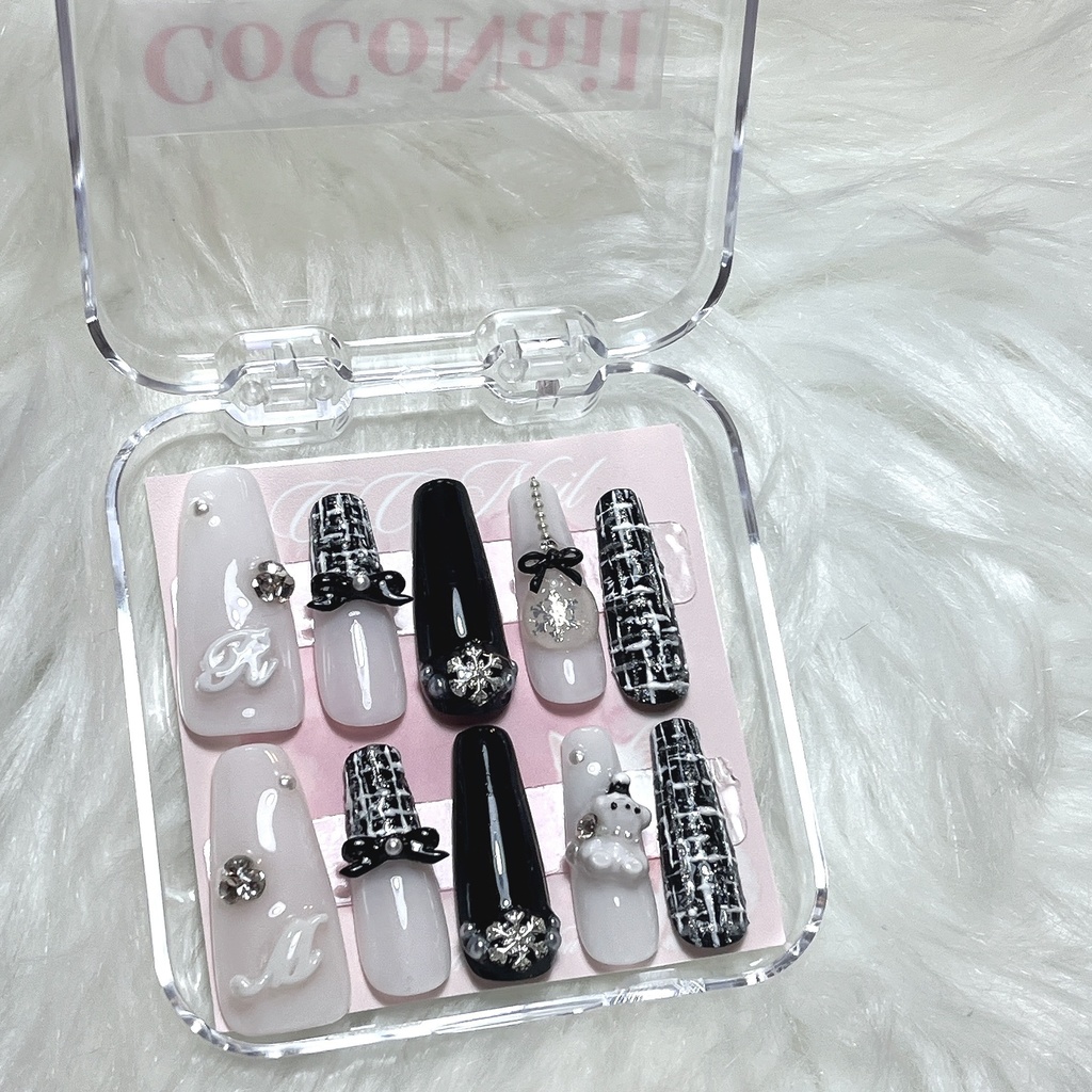 🎀【カスタム可】クリスマス ガーリー 推し活 ツイード ブラック ネイルチップ