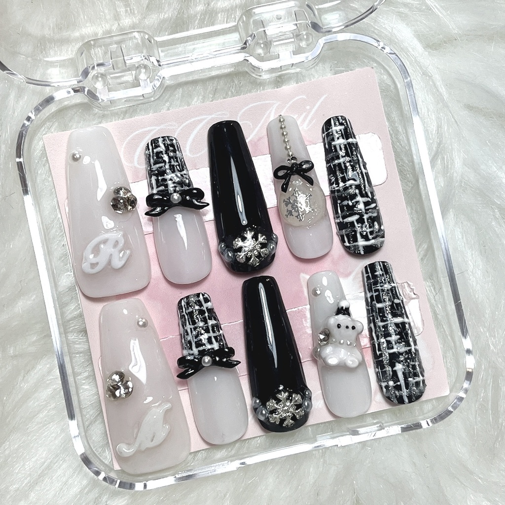 🎀【カスタム可】クリスマス ガーリー 推し活 ツイード ブラック ネイルチップ