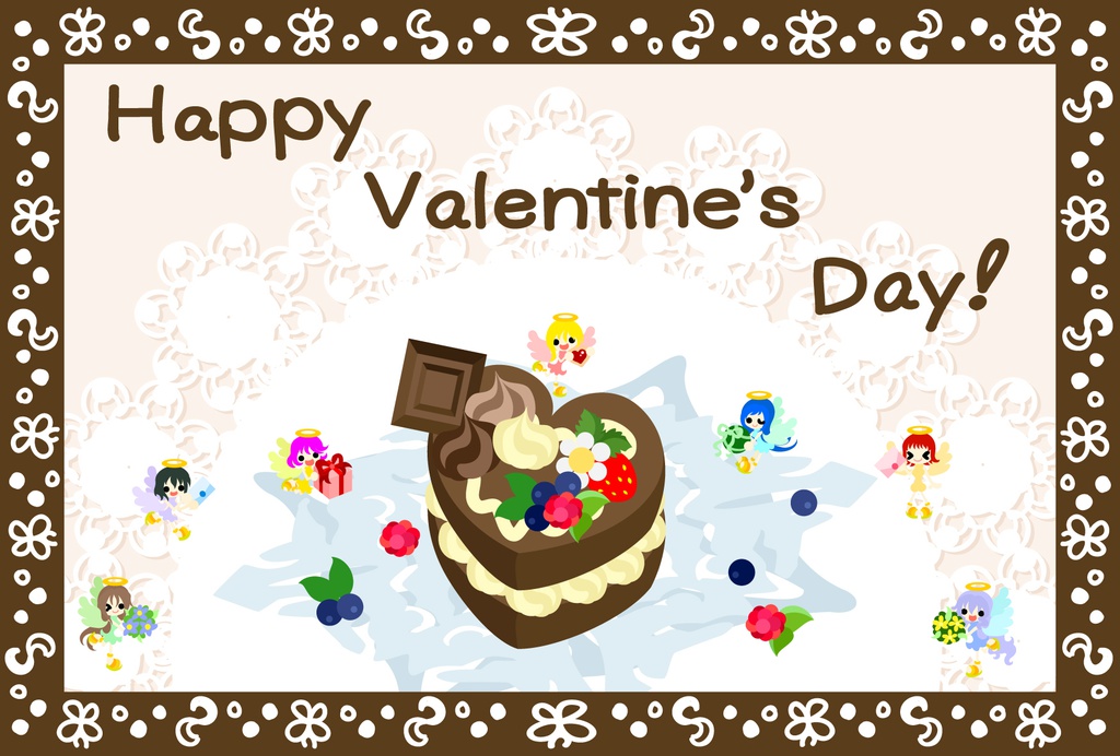 バレンタインのグリーティングカード「小さな天使とチョコレートケーキ」