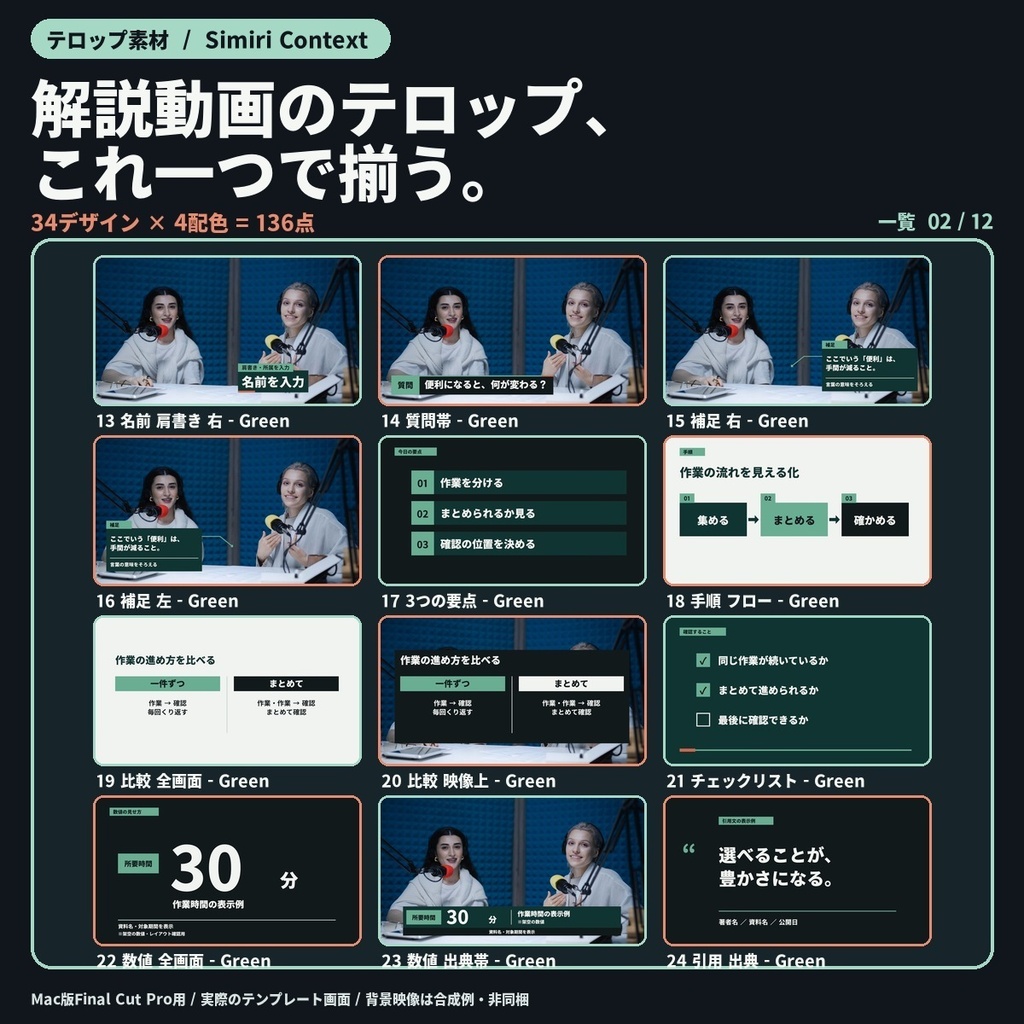 【Final Cut Pro】解説・対談テロップ+資料・図解 34デザイン/全136点|Simiri Context