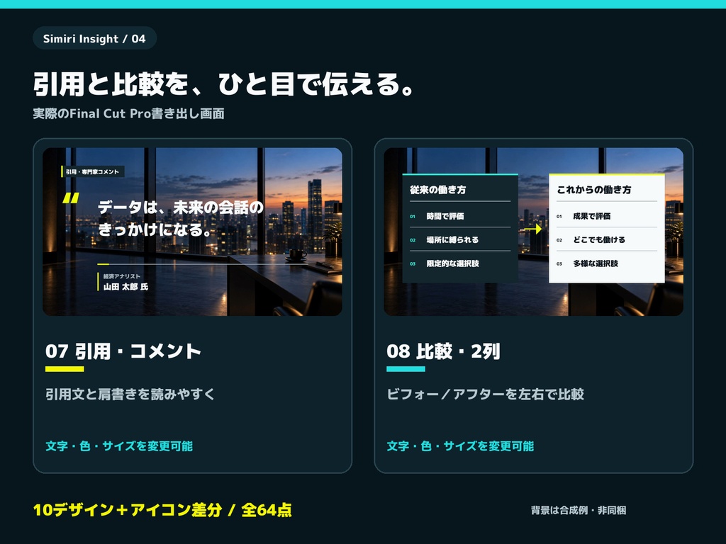 【Final Cut Pro】解説動画の全画面テロップ 10デザイン+アイコン18図柄/全64点|Simiri Insight