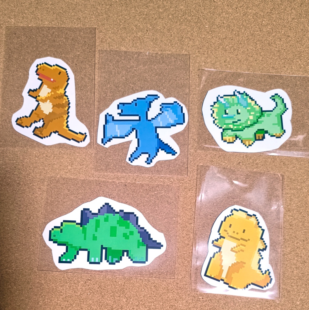 ゆるい恐竜と怪獣のドット絵シール5枚セット