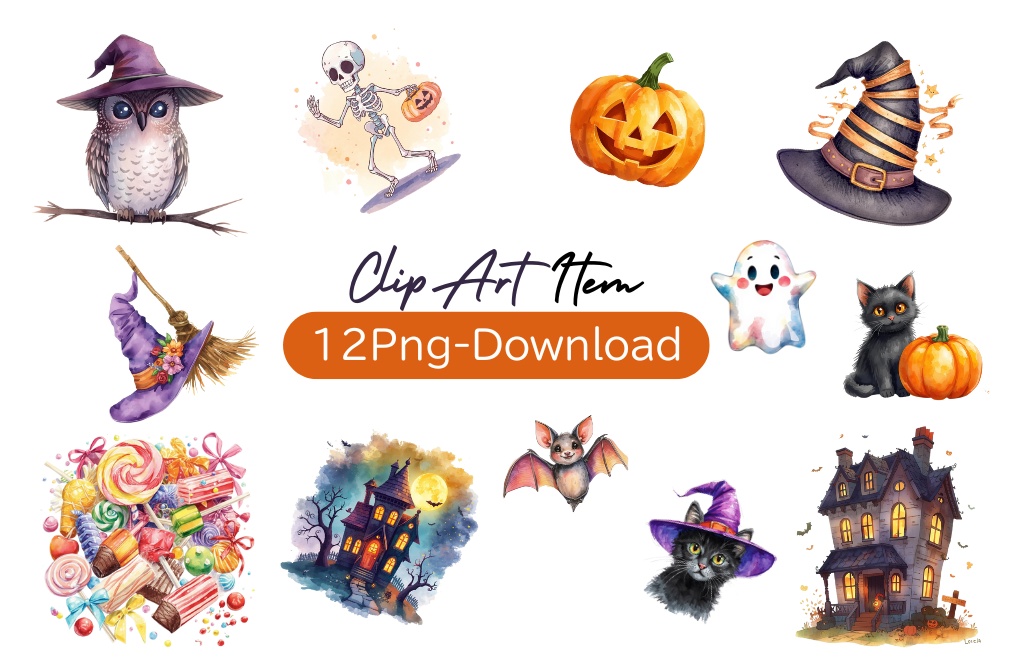 ほんわか水彩ハロウィンコレクション12セット PN背景透過
