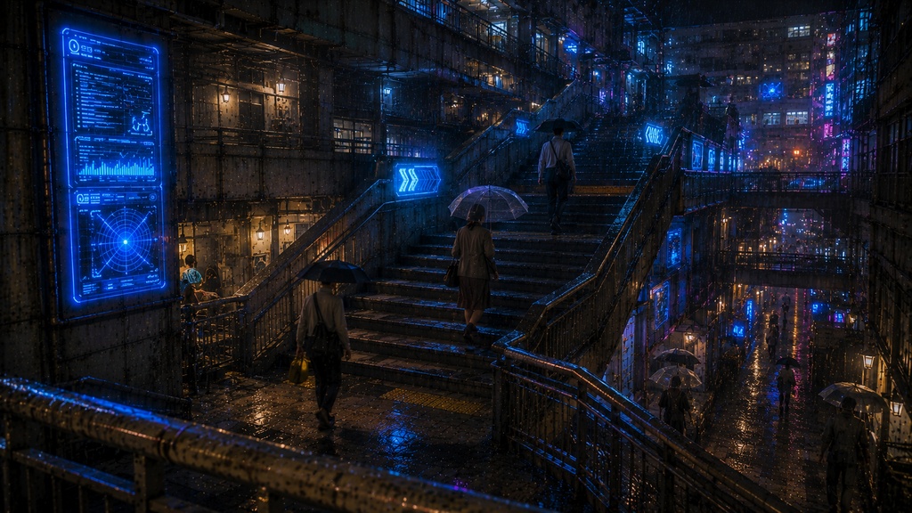 旧駅前再積層地区 第一層生活商業層 背景素材集 Vol.02 雨夜の高架下商店街