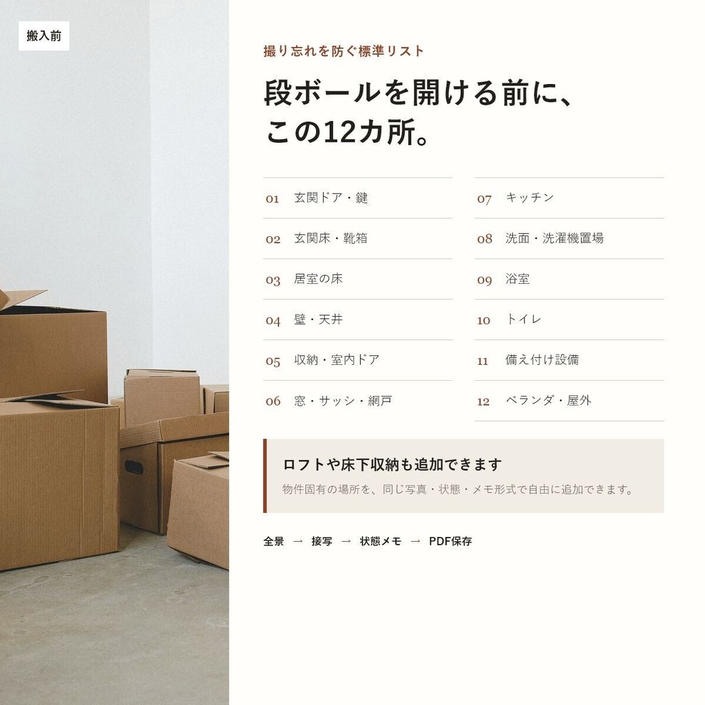 賃貸の入居時写真を30分で記録|傷・汚れを撮る12カ所チェックリスト+PDF保存