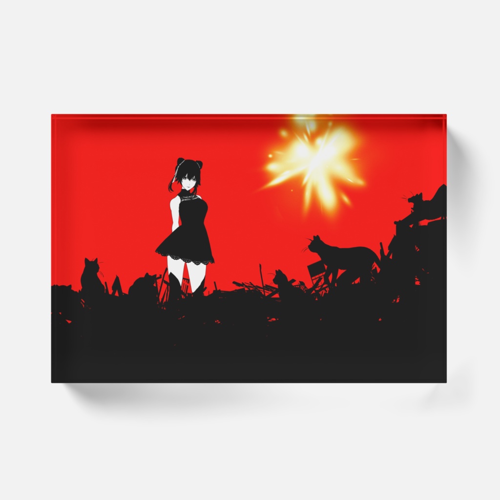 【アクリルブロック】猫に囲まれた黒ワンピース少女