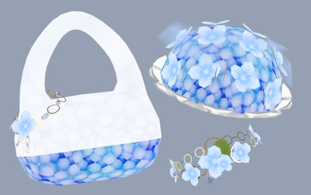 【発売記念セール💠6/23まで600円】【VRChat/PC向け】雨降る紫陽花アクセ 3点セット|雨音・雨エフェクト付きシニヨン/バッグ/ブレスレット