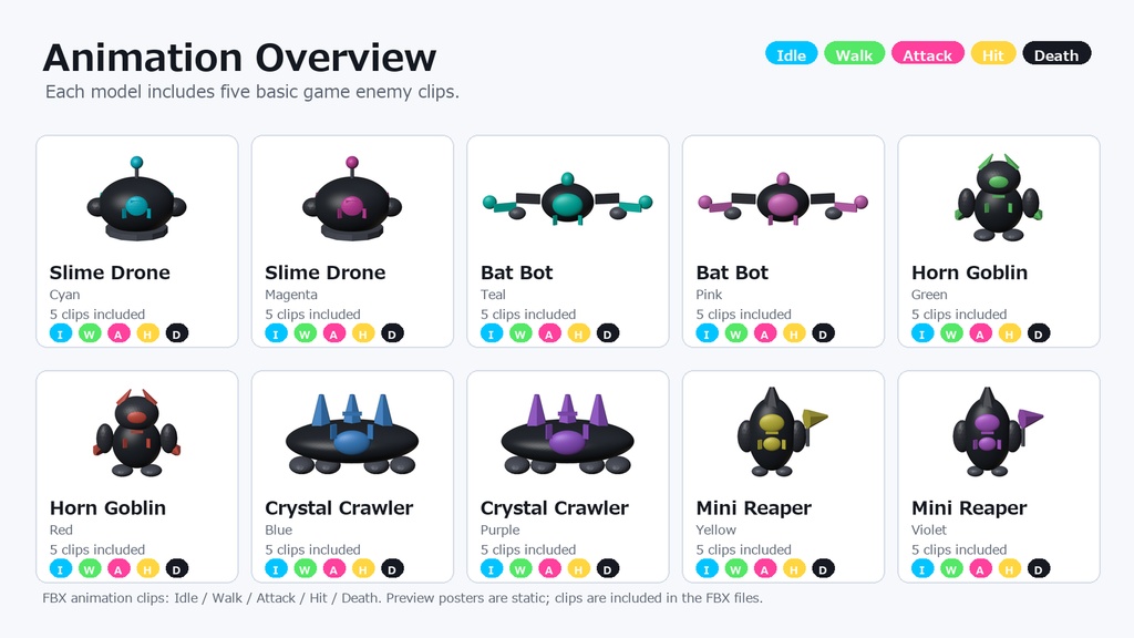 Neon Low Poly Enemy Pack Vol.1 - Unity対応 ローポリ敵キャラ10体セット