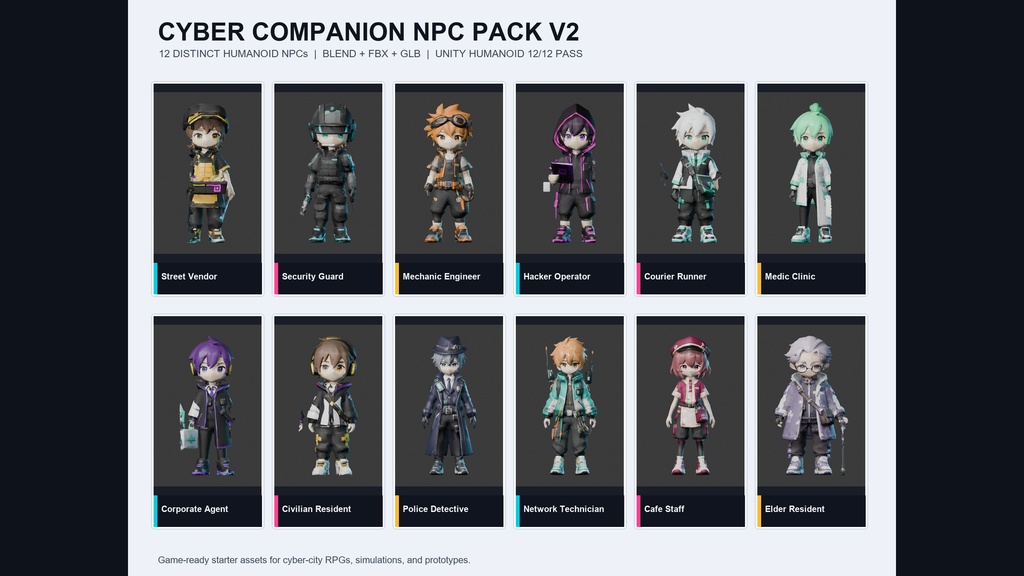 Cyber Companion NPC Pack v2 - Unity Humanoid対応 サイバーNPC 12体セット