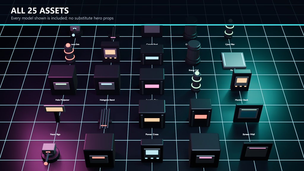 NWX-P01: 25 Low-Poly Neon Cyber Props for Unity & Unreal