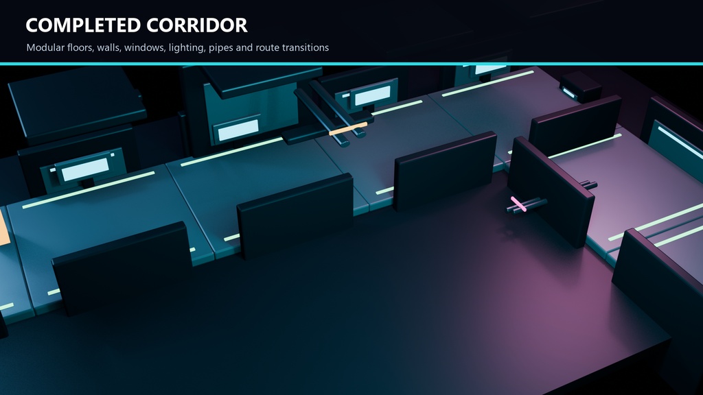 Low-Poly Modular Neon Sci-Fi Corridor Kit - 30 Assets + 5 Route Presets