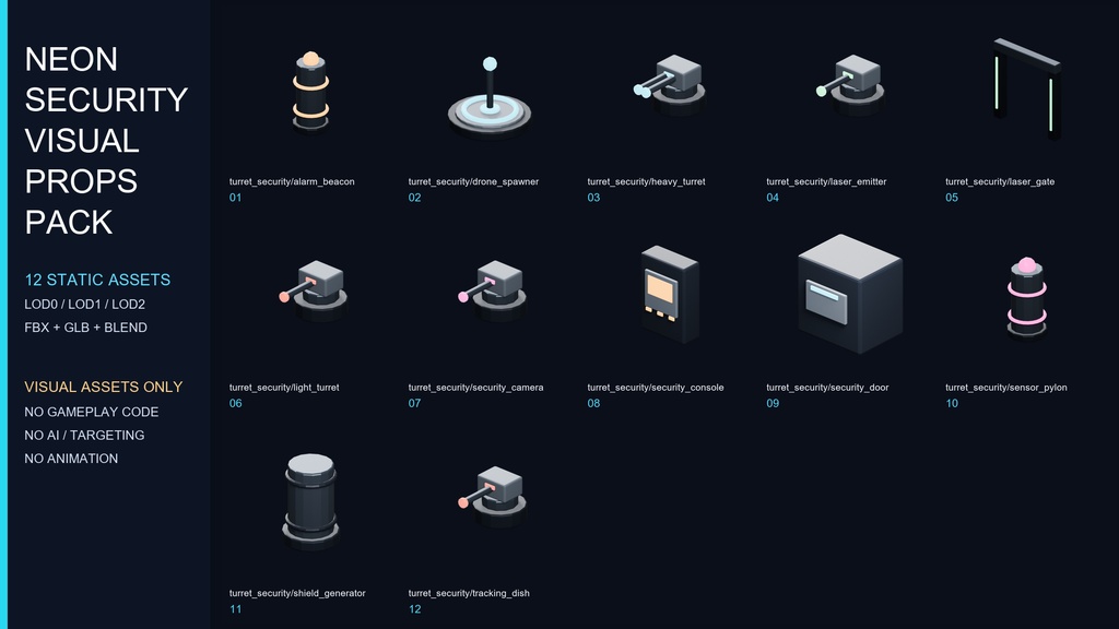 Neon Security Visual Props Pack - 12 Static Sci-Fi Assets