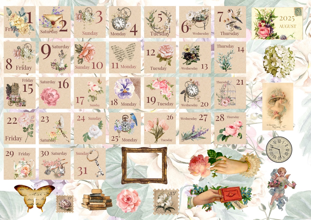 2025年8月のコラージュカレンダー - Victorian Bloom