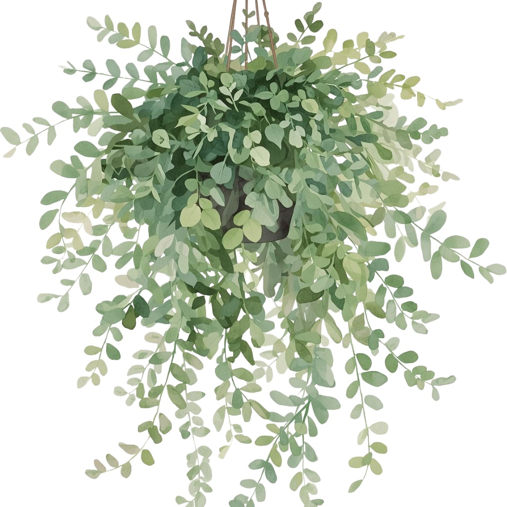 水彩画タッチで描かれた 11点グリーンの植物・植木鉢・壁掛け等のクリップアートセット