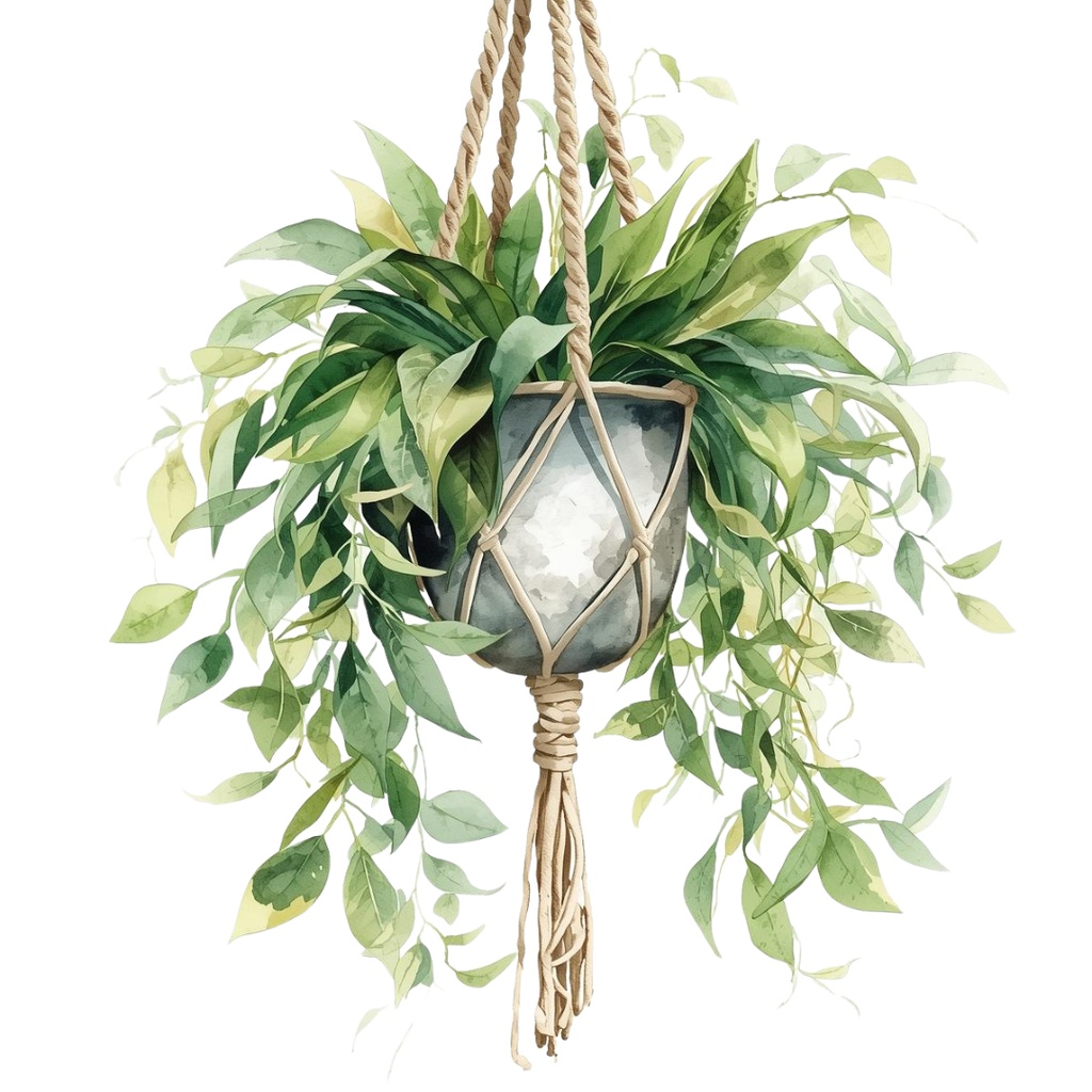 水彩画タッチで描かれた 11点グリーンの植物・植木鉢・壁掛け等のクリップアートセット