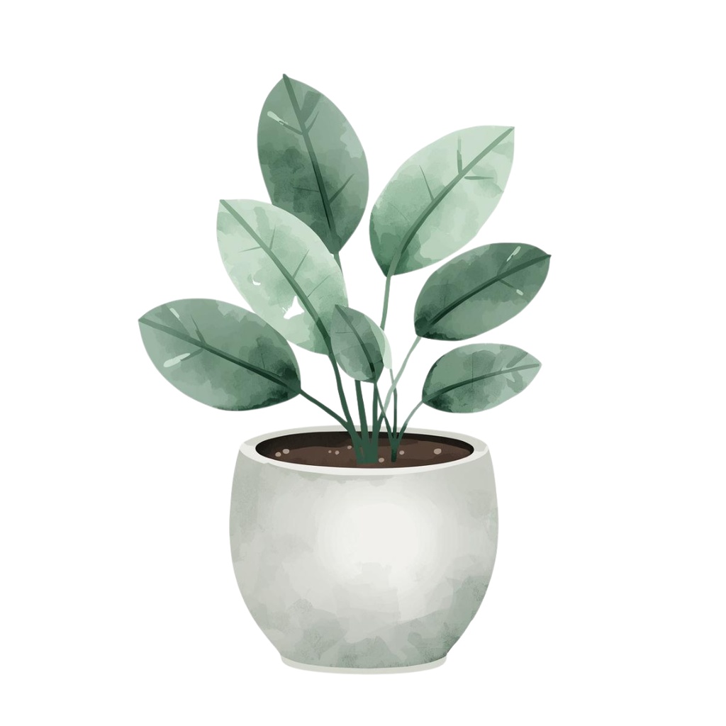 水彩画タッチで描かれた 11点グリーンの植物・植木鉢・壁掛け等のクリップアートセット