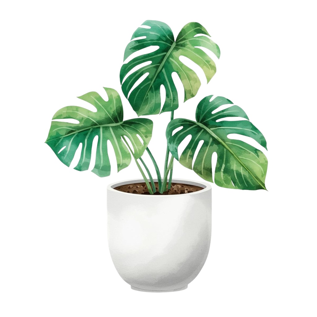 水彩画タッチで描かれた 11点グリーンの植物・植木鉢・壁掛け等のクリップアートセット