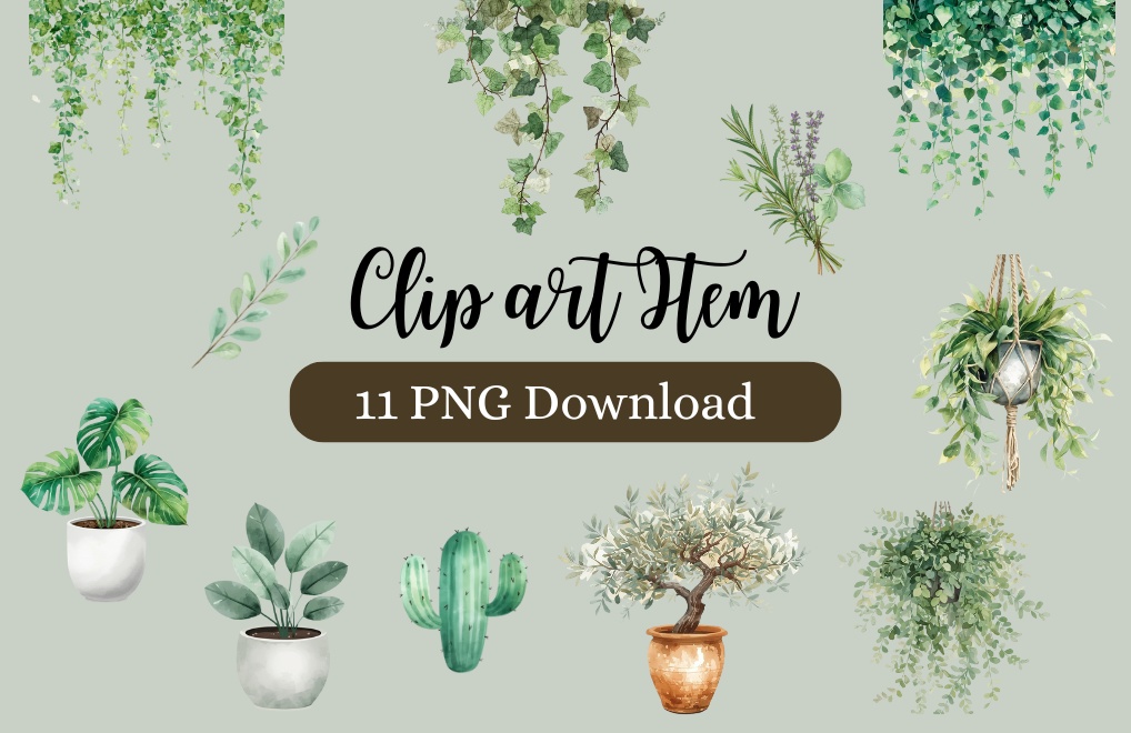 水彩画タッチで描かれた 11点グリーンの植物・植木鉢・壁掛け等のクリップアートセット