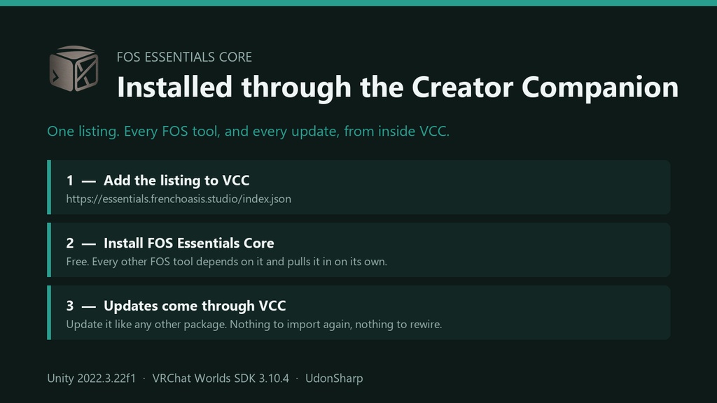 FOS Essentials Core — The free foundation for VRChat world tools