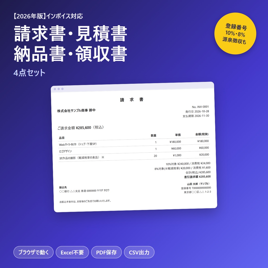 請求書・見積書・納品書・領収書セット【インボイス対応・印刷でPDF化】