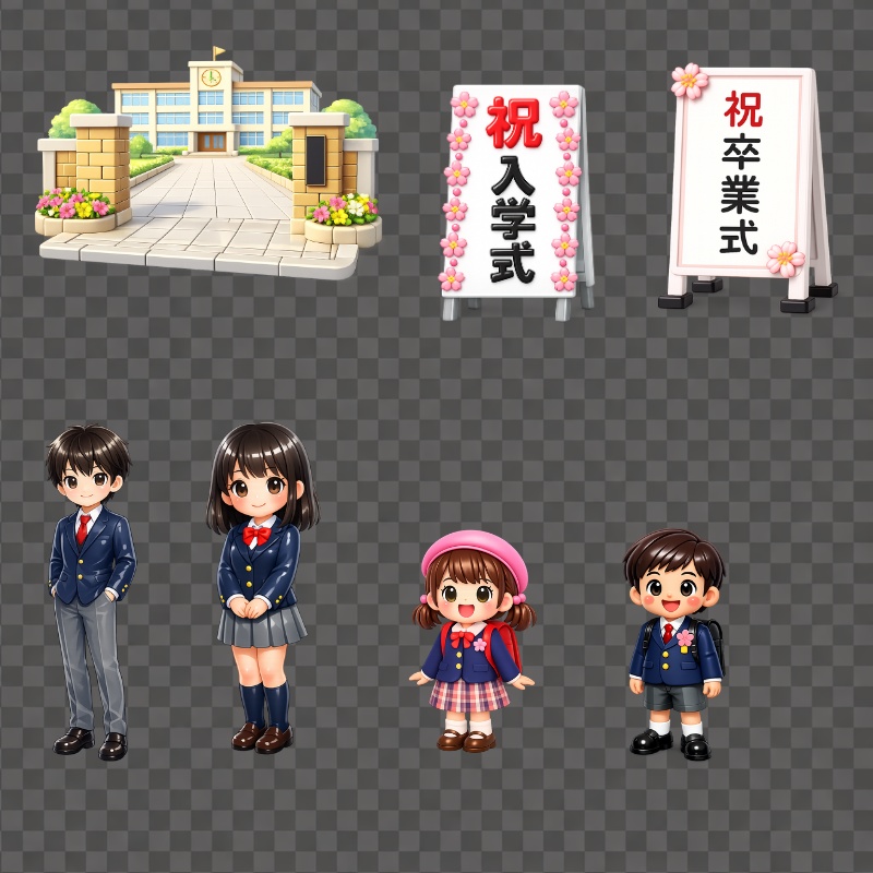 3Dぷっくり入学・卒業式クリップアートセット(透過PNG)