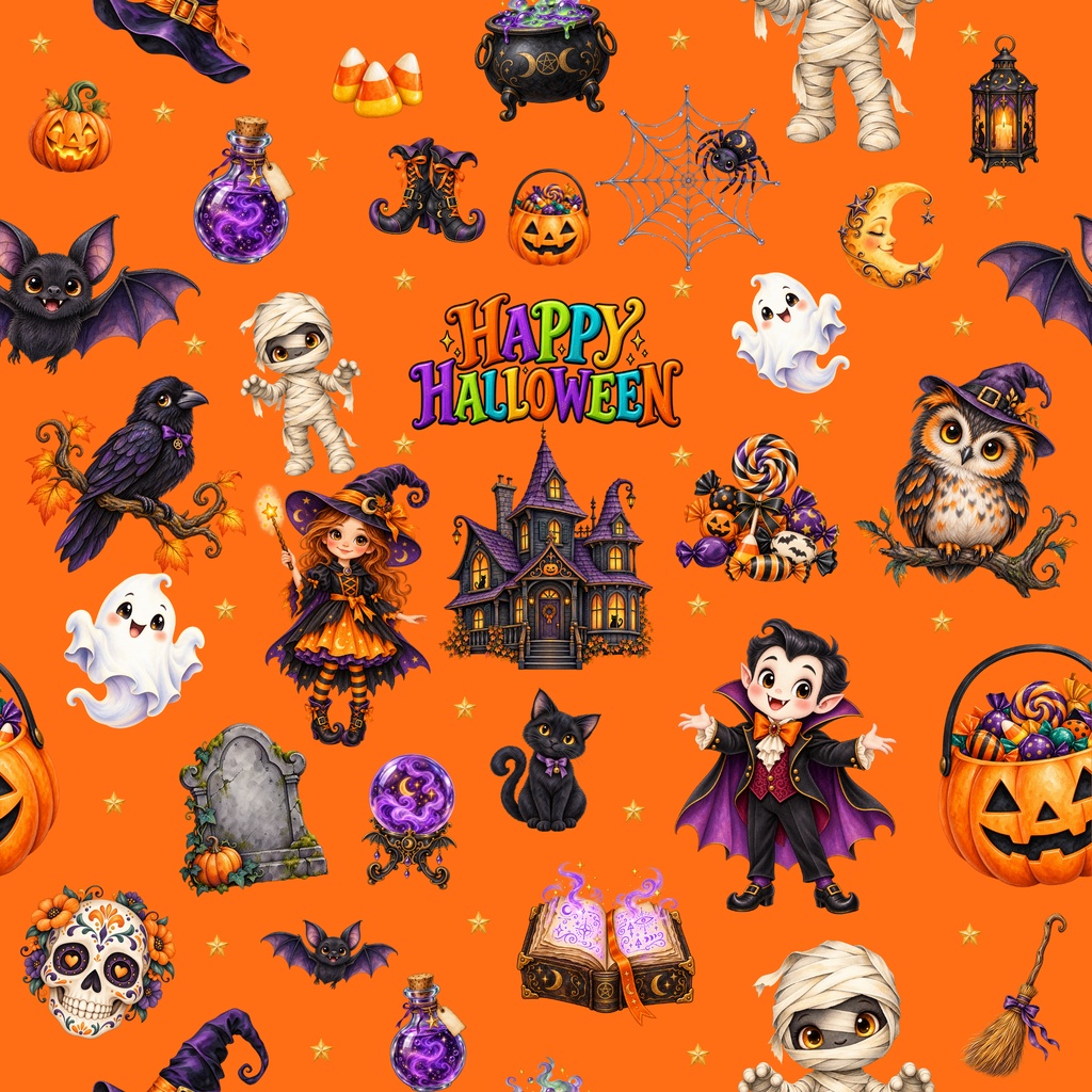 HAPPY HALLOWEEN デジタルペーパー8枚セット|シームレス6種+グラデーション2種|PNG素材
