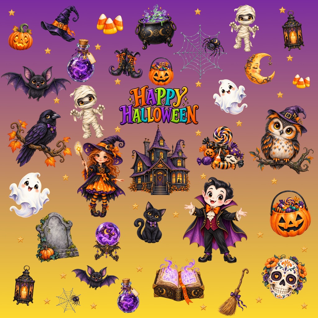 HAPPY HALLOWEEN デジタルペーパー8枚セット|シームレス6種+グラデーション2種|PNG素材