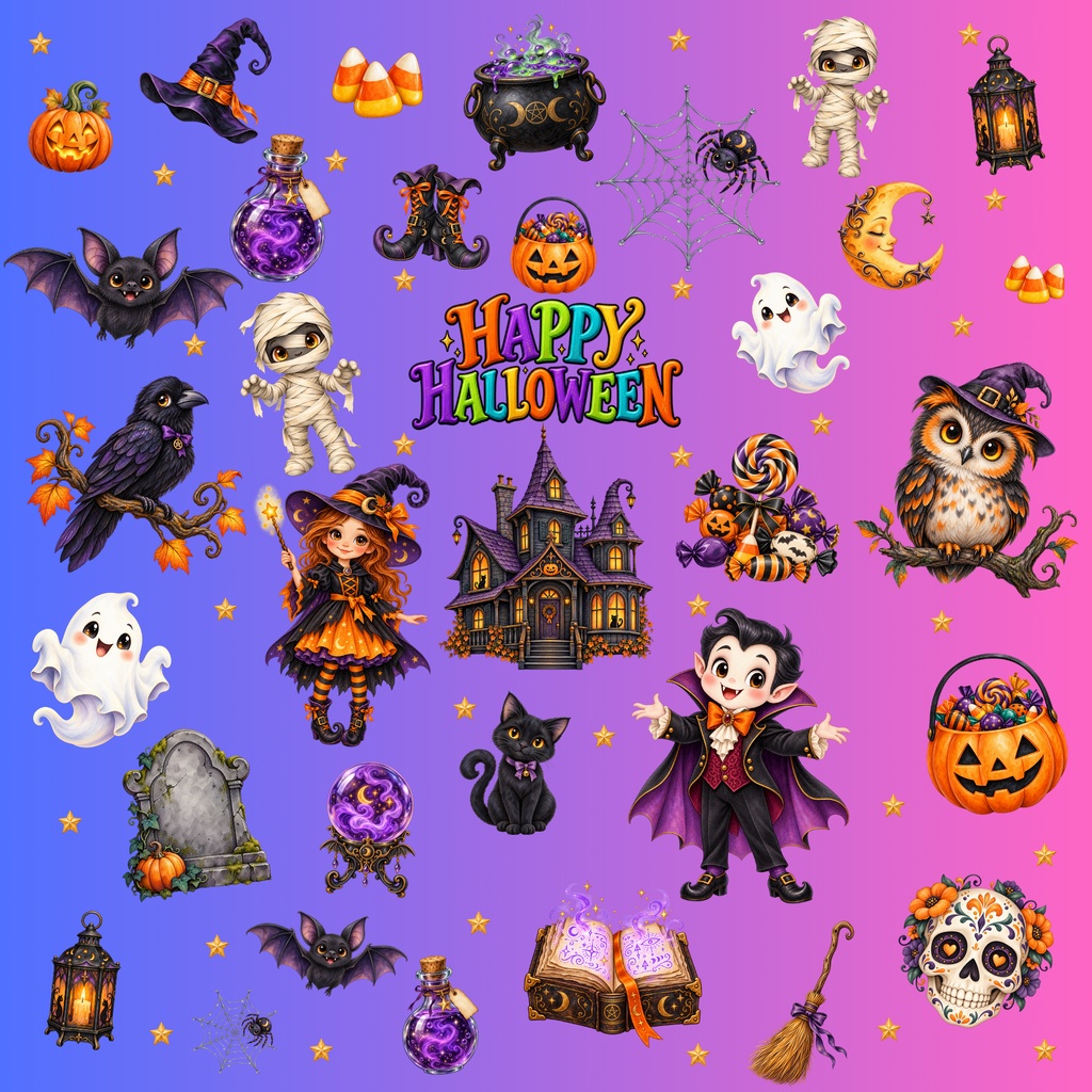 HAPPY HALLOWEEN デジタルペーパー8枚セット|シームレス6種+グラデーション2種|PNG素材