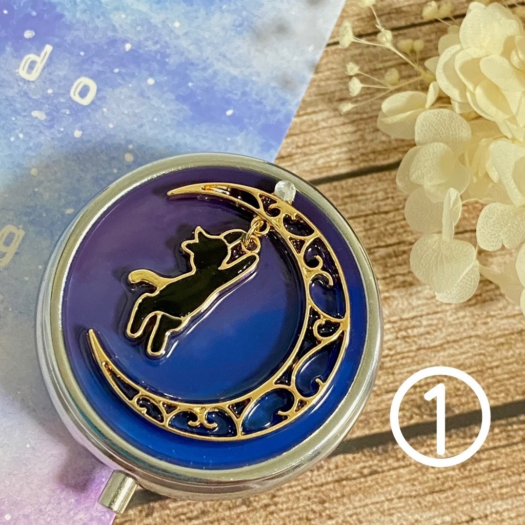 猫と月のピルケース&豆本ピアス(イヤリング)