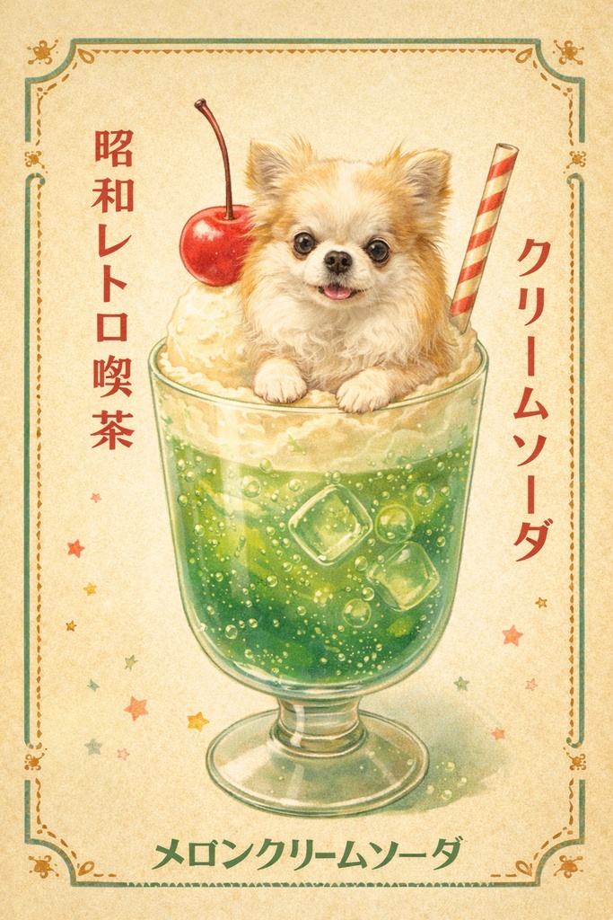 【レトロ喫茶】こっこのクリームソーダ2枚セット|高解像度イラスト