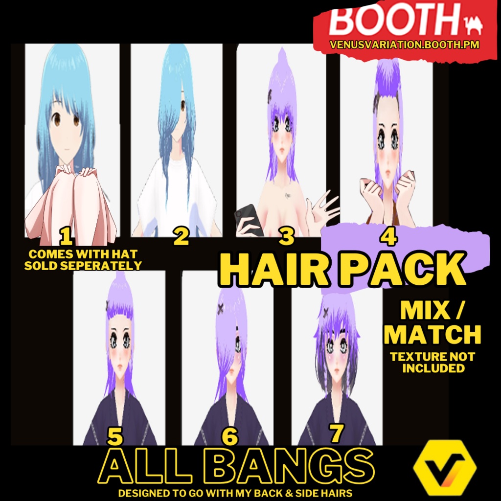 VRoid - Bangs Anime Hair Presets [7 Hairs Pack} [Mix & Match]