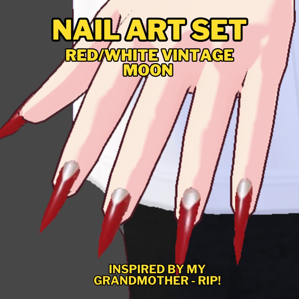 VRoid Long Nails - Red White Vintage Half Moon Nail Set