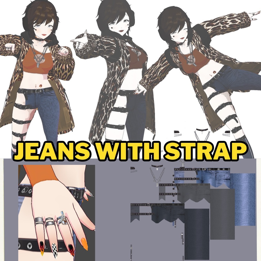 【ジーンズ】VRoid Jeans - Jean Pants Ripped with Straps (Leathery) 