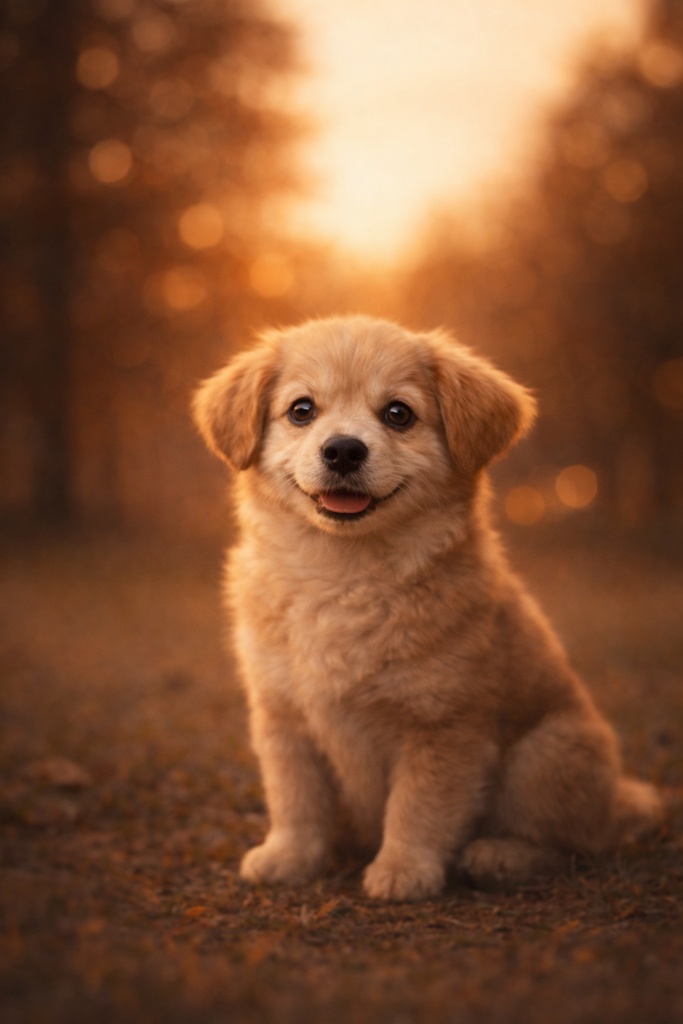 やさしい光の中の子犬