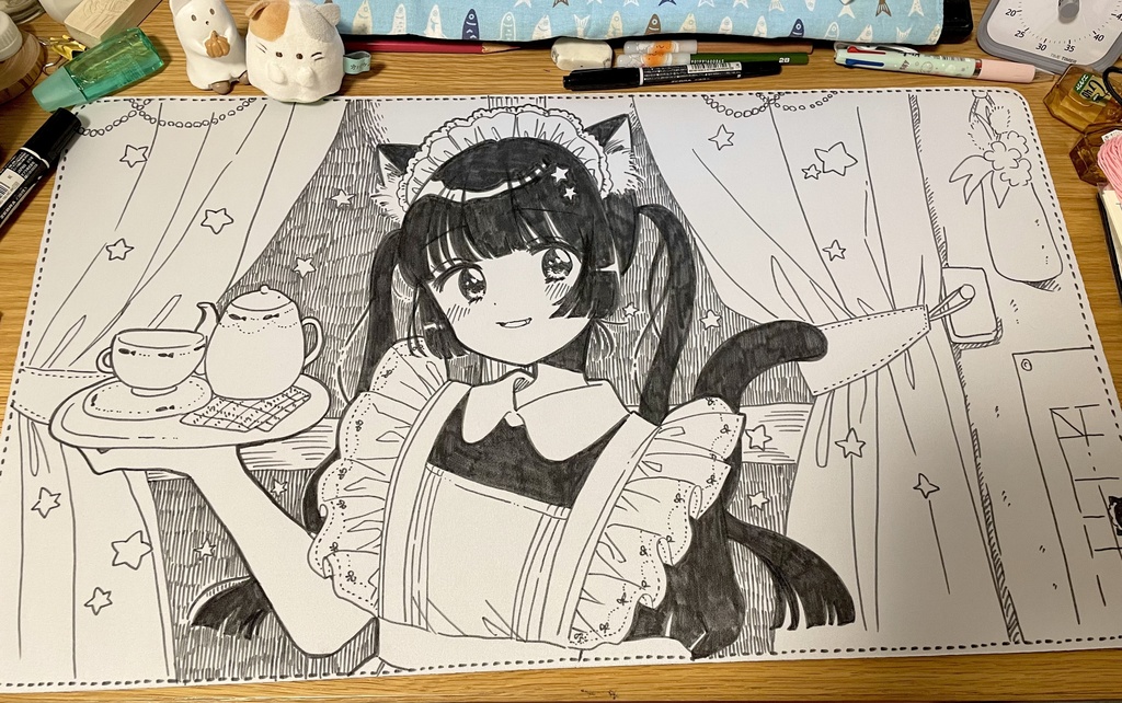 【直筆】猫ちゃんメイドの夜の帳 プレイマット