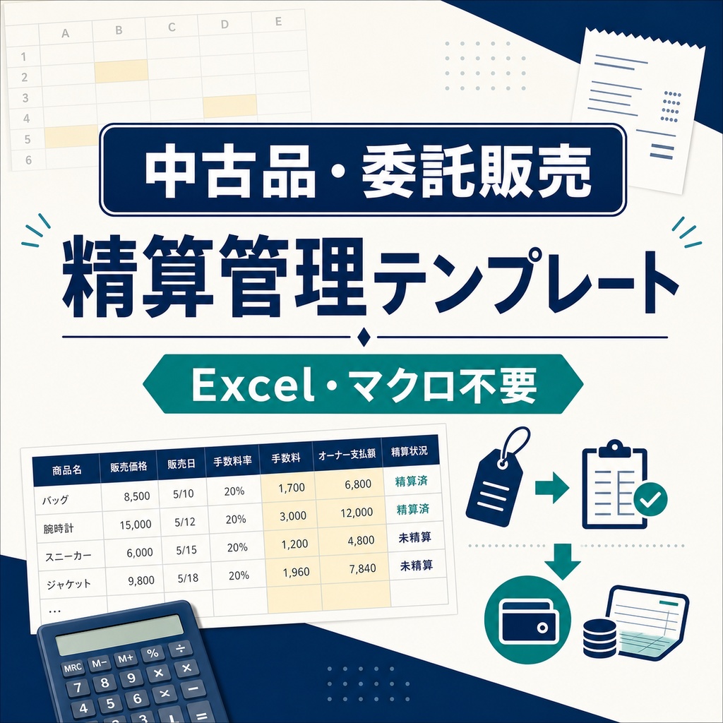 中古品・委託販売 精算管理Excel|販売手数料・オーナー支払額を自動計算
