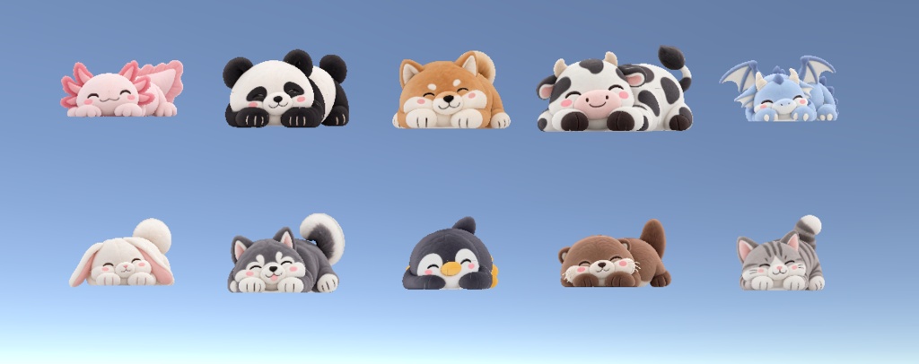 【3Dモデル】ふわもちアニマル抱き枕セット|かわいい動物クッション