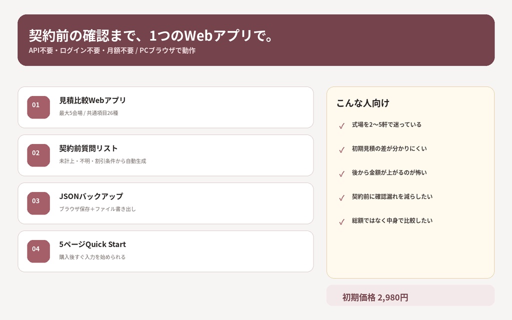 Wedding Quote Compare 2026|結婚式場の見積を同条件で比較する契約前チェックツール
