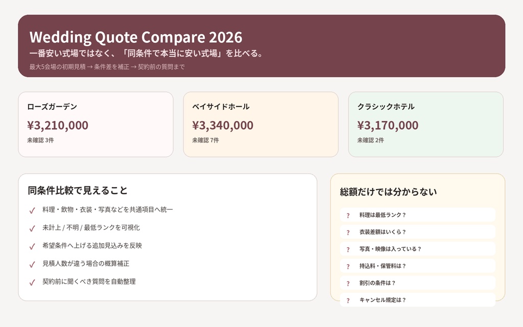 Wedding Quote Compare 2026｜結婚式場の見積を同条件で比較する契約前チェックツール