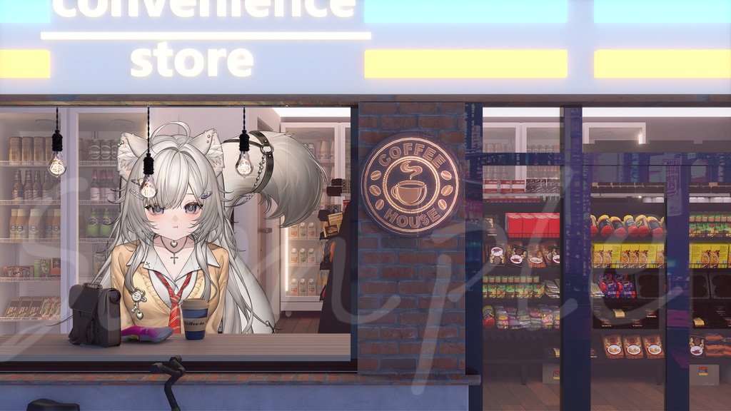 【背景素材】🏪コンビニ窓際席デート背景|店内に座れる配信シーン / 静止画PNG / 差し替えポスター付き / 雪&霧差分 / VTuber向け / 配信用背景素材