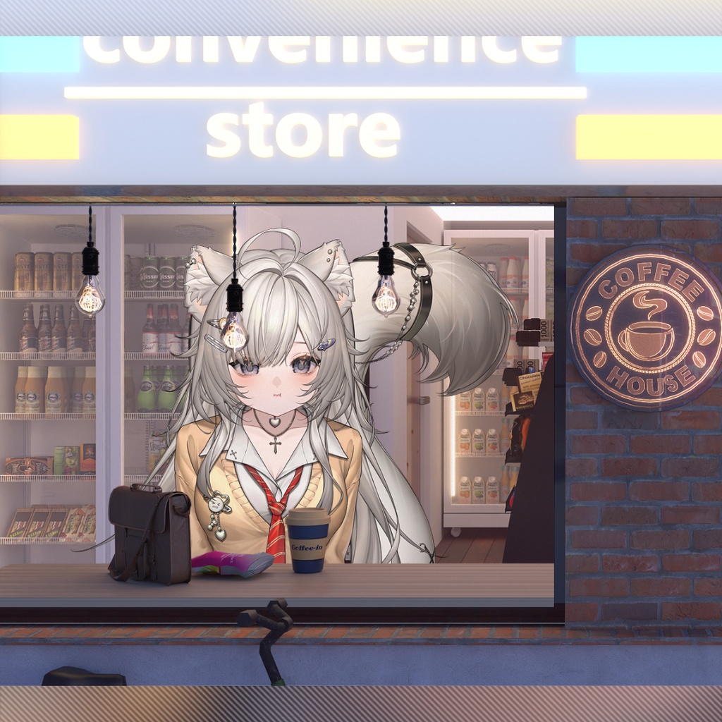 【背景素材】🏪コンビニ窓際席デート背景|店内に座れる配信シーン / 静止画PNG / 差し替えポスター付き / 雪&霧差分 / VTuber向け / 配信用背景素材